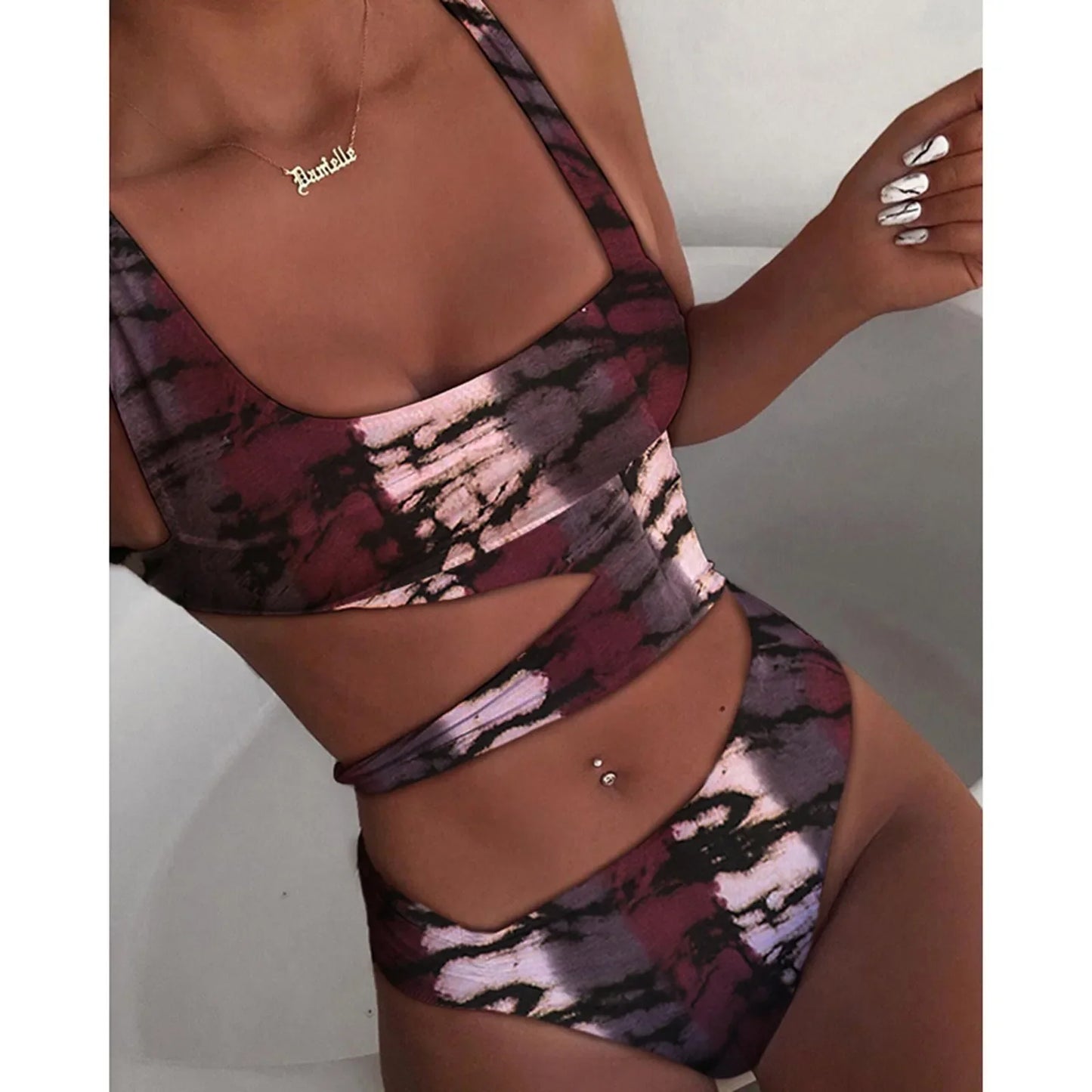 Cutout Bathing Women One-Piece Push-Up Striped Print Bikini Sets