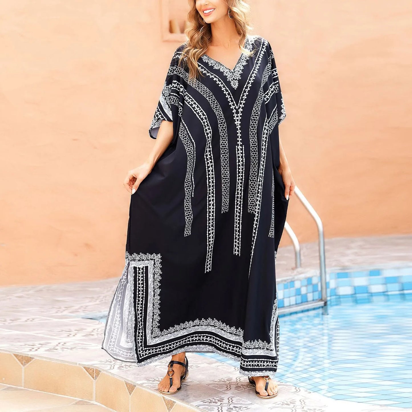 Oversized Loose Black Sarong Beachy Pareos Plus-sized Kaftan Bikini Sets