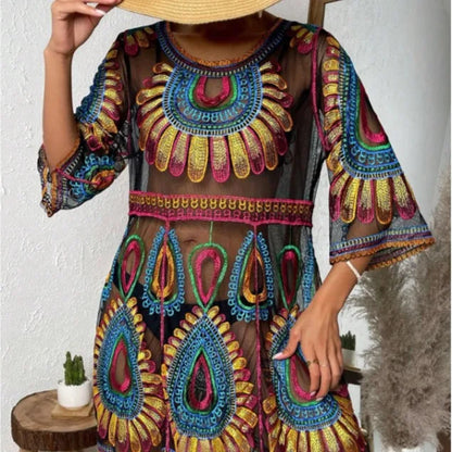 Beach Cover-up  Women  O Neck  A-line  Lace  Mini  Summer  Casual  Bikini  Vestidos  Sexy  Transparent  Colorful  Robe Boho Dress