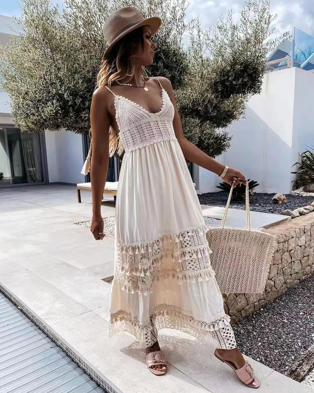 Crochet Lace  Long Strap  Women  Robe  Vintage  Deep V-neck  Sleeveless  Summer  Beach  Casual  Ladies  Vestidos Boho Dress