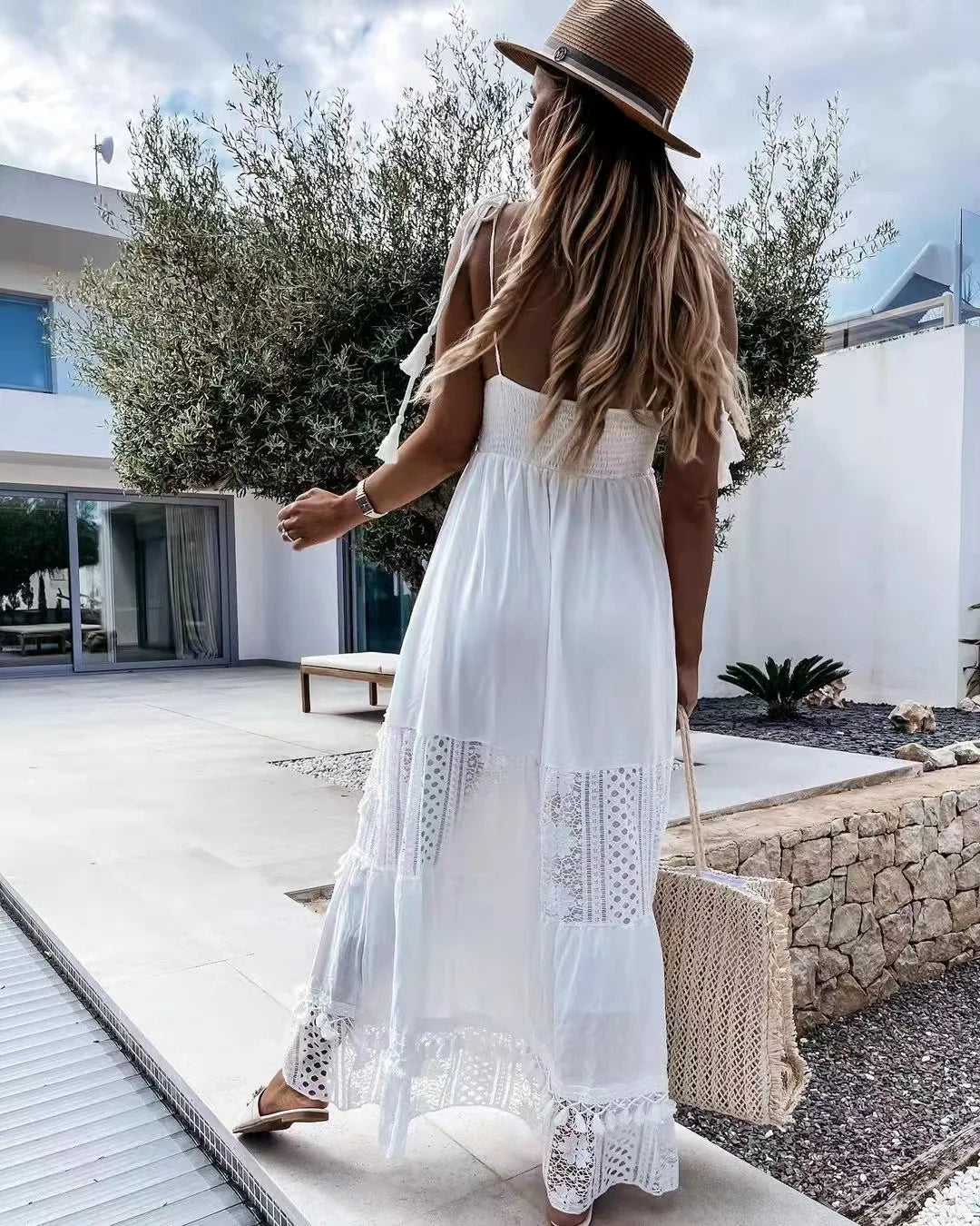 Crochet Lace  Long Strap  Women  Robe  Vintage  Deep V-neck  Sleeveless  Summer  Beach  Casual  Ladies  Vestidos Boho Dress