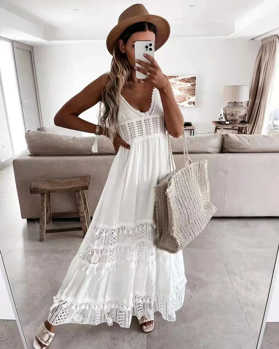 Crochet Lace  Long Strap  Women  Robe  Vintage  Deep V-neck  Sleeveless  Summer  Beach  Casual  Ladies  Vestidos Boho Dress