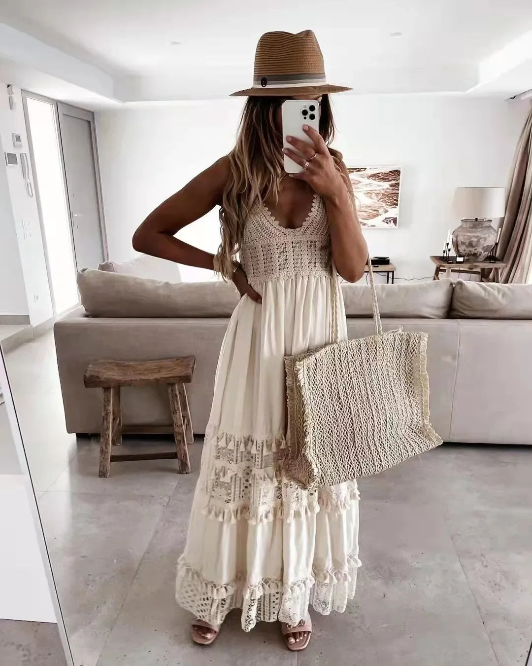 Crochet Lace  Long Strap  Women  Robe  Vintage  Deep V-neck  Sleeveless  Summer  Beach  Casual  Ladies  Vestidos Boho Dress