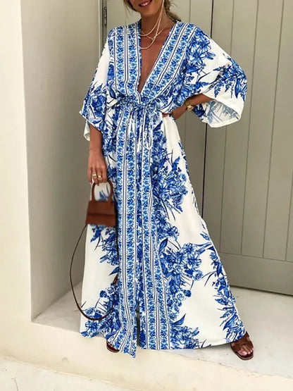 2024 Vintage Spring Pattern Print Deep V-Neck Maxi Boho Dress