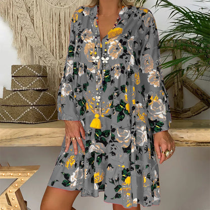 2024 Elegant Sexy Long Sleeve Floral V-Neck Boho Dress