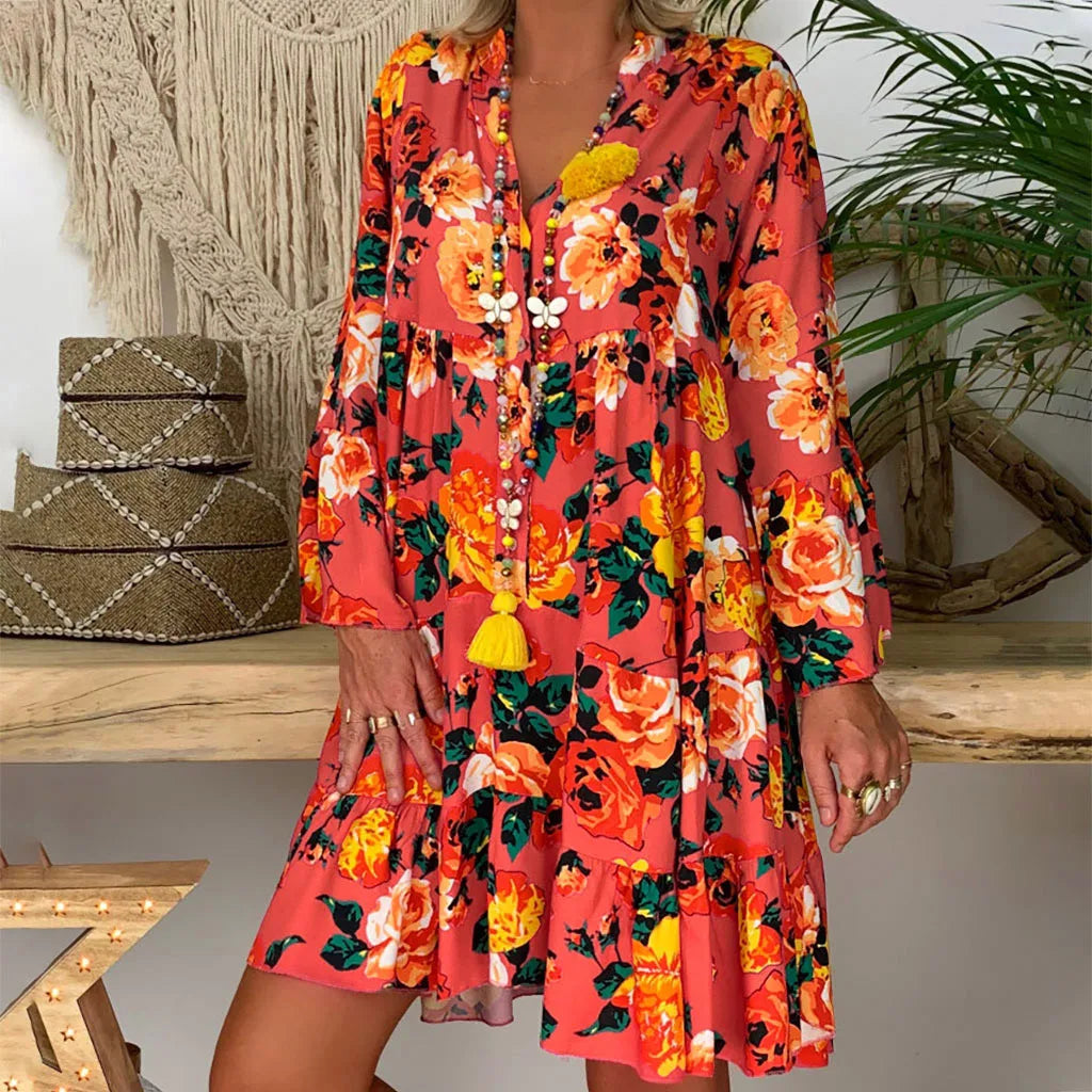 2024 Elegant Sexy Long Sleeve Floral V-Neck Boho Dress