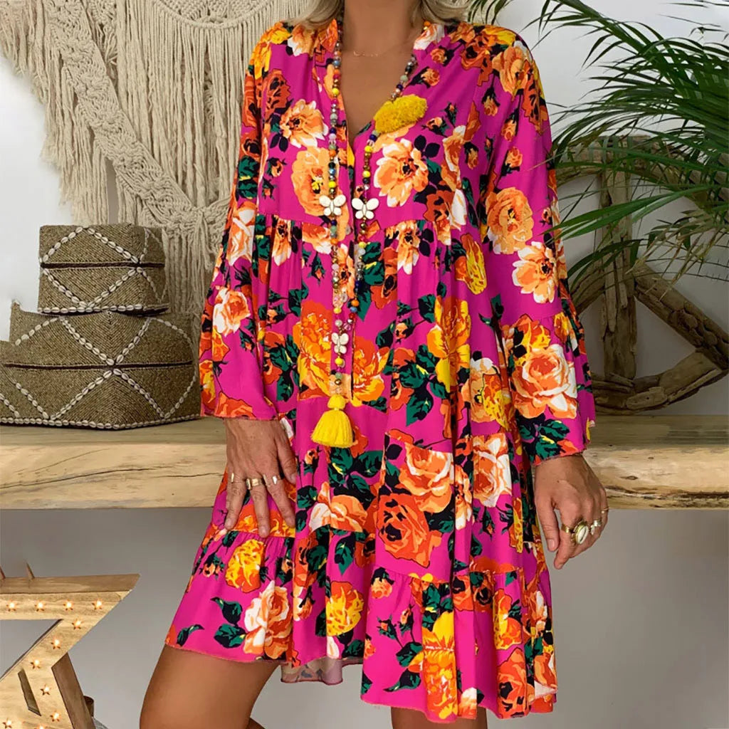 2024 Elegant Sexy Long Sleeve Floral V-Neck Boho Dress