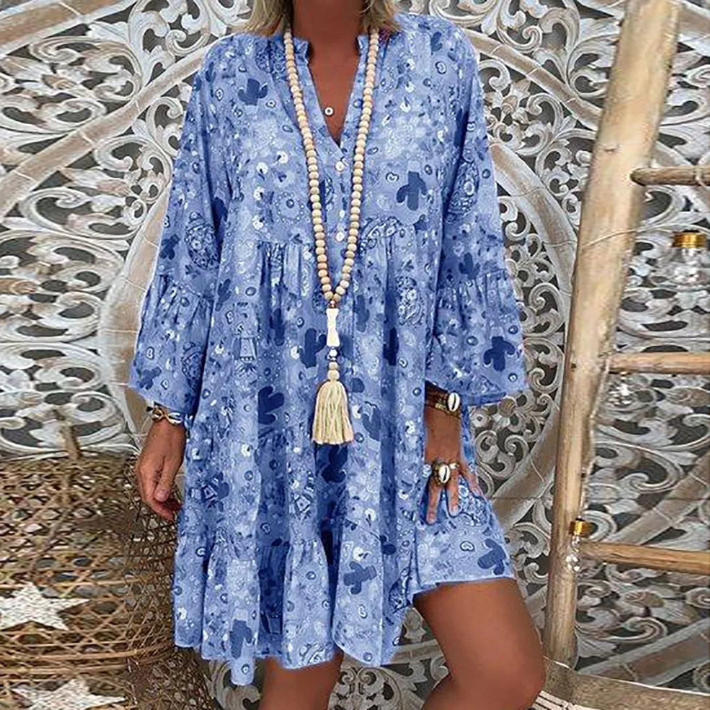 2024 Elegant Sexy Long Sleeve Floral V-Neck Boho Dress