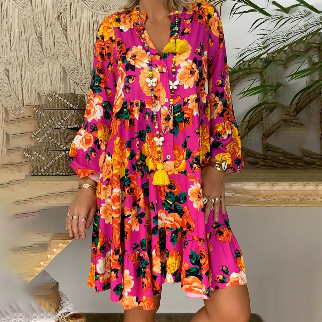 2024 Elegant Sexy Long Sleeve Floral V-Neck Boho Dress