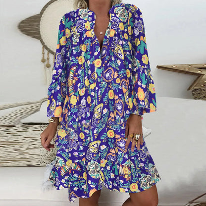 2024 Elegant Sexy Long Sleeve Floral V-Neck Boho Dress