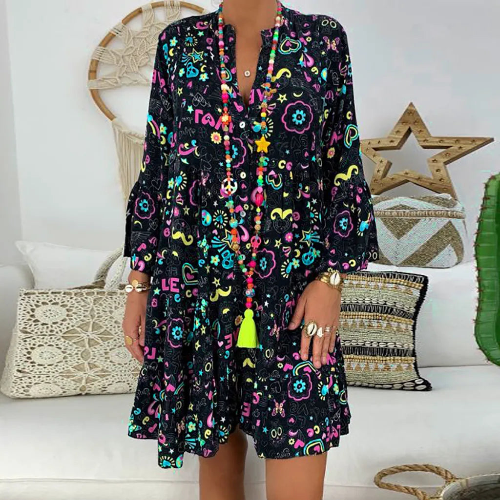 2024 Elegant Sexy Long Sleeve Floral V-Neck Boho Dress