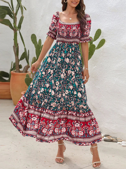 2024 Floral Print Square Neck Ruffle Boho Dress