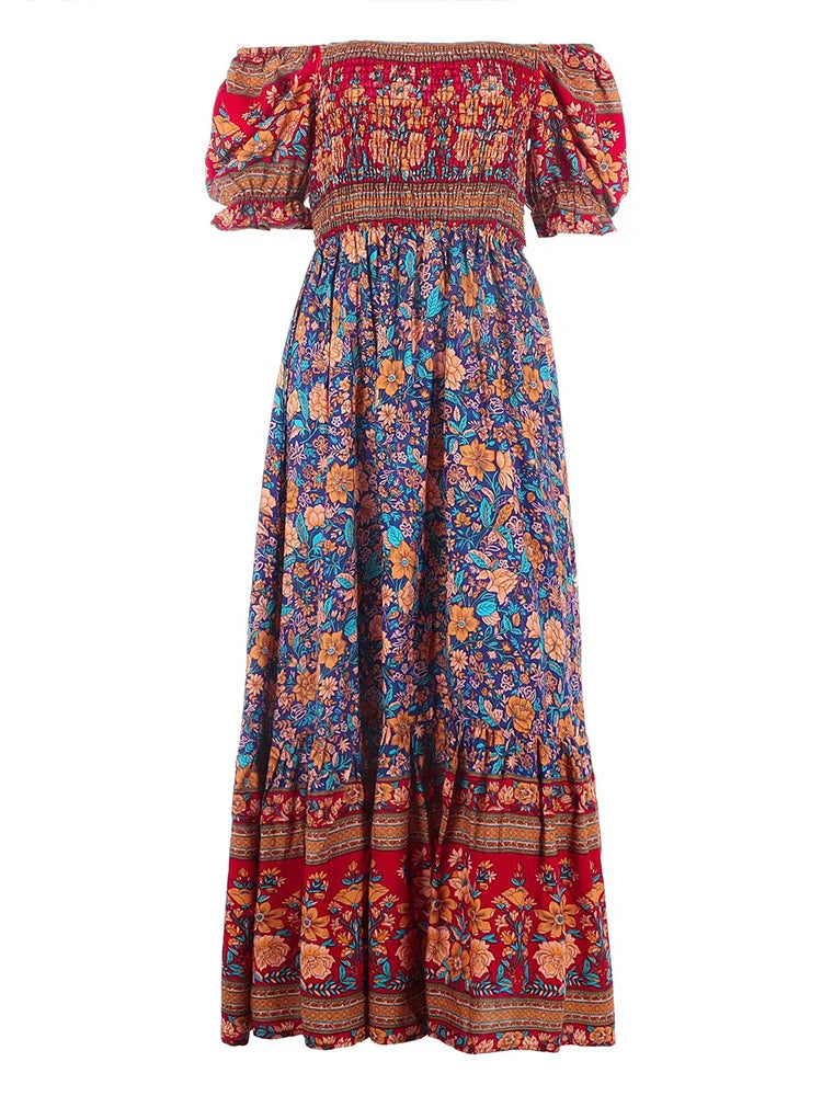 2024 Floral Print Square Neck Ruffle Boho Dress