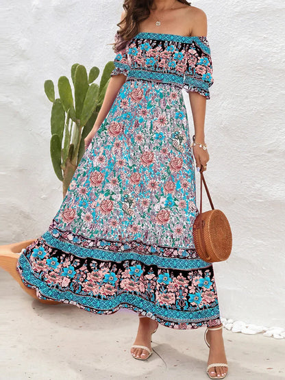 2024 Floral Print Square Neck Ruffle Boho Dress