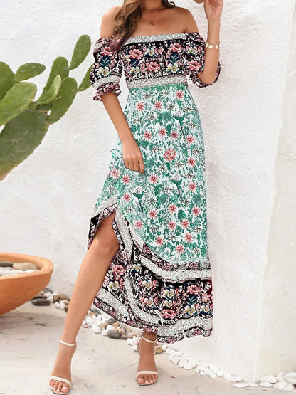 2024 Floral Print Square Neck Ruffle Boho Dress