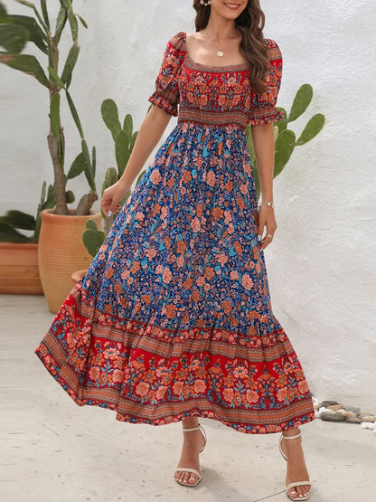 2024 Floral Print Square Neck Ruffle Boho Dress