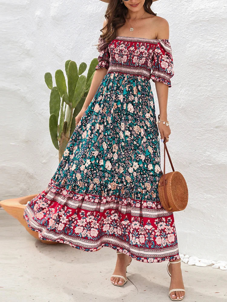 2024 Floral Print Square Neck Ruffle Boho Dress