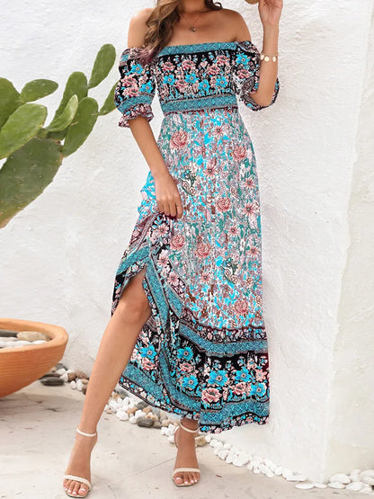 2024 Floral Print Square Neck Ruffle Boho Dress