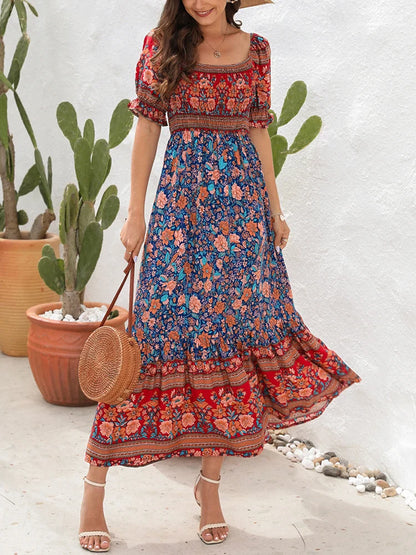 2024 Floral Print Square Neck Ruffle Boho Dress