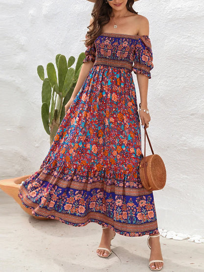 2024 Floral Print Square Neck Ruffle Boho Dress