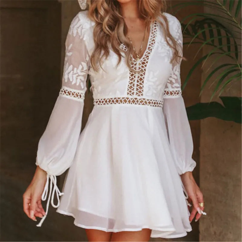 Elegant Boho Backless Long Sleeve Solid Mini Dress