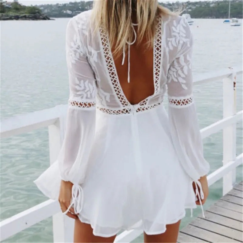 Elegant Boho Backless Long Sleeve Solid Mini Dress