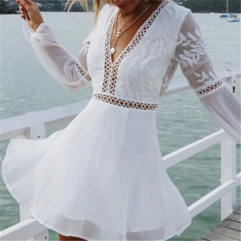 Elegant Boho Backless Long Sleeve Solid Mini Dress