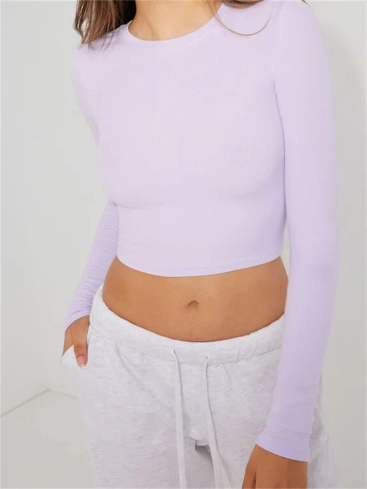 Casual Basic Exposed Navel Top for Women Long Sleeve O-neck Slim Fit Solid Color Streetwear Tee