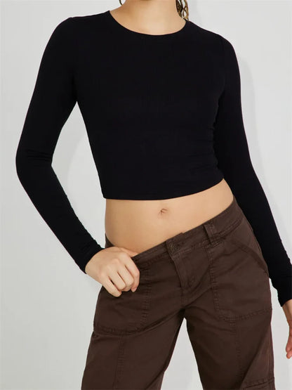 Casual Basic Exposed Navel Top for Women Long Sleeve O-neck Slim Fit Solid Color Streetwear Tee