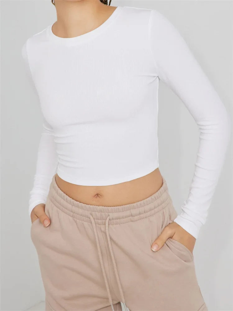 Casual Basic Exposed Navel Top for Women Long Sleeve O-neck Slim Fit Solid Color Streetwear Tee