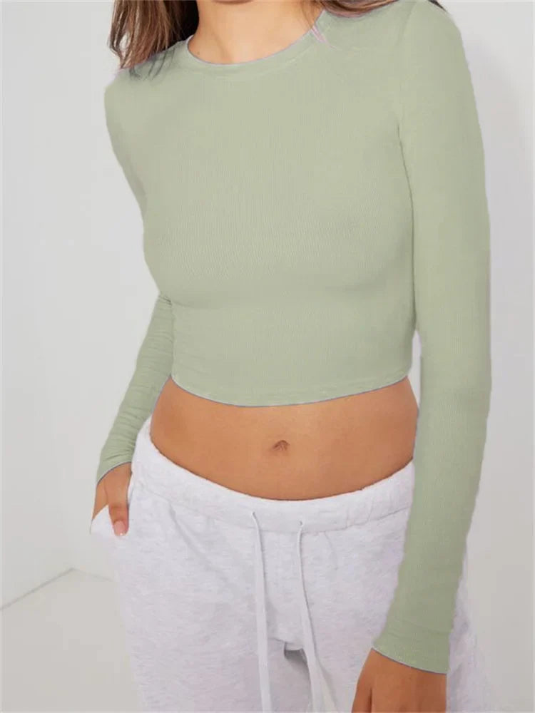 Casual Basic Exposed Navel Top for Women Long Sleeve O-neck Slim Fit Solid Color Streetwear Tee