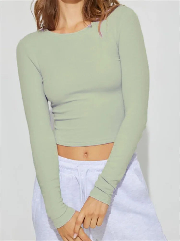 Casual Basic Exposed Navel Top for Women Long Sleeve O-neck Slim Fit Solid Color Streetwear Tee