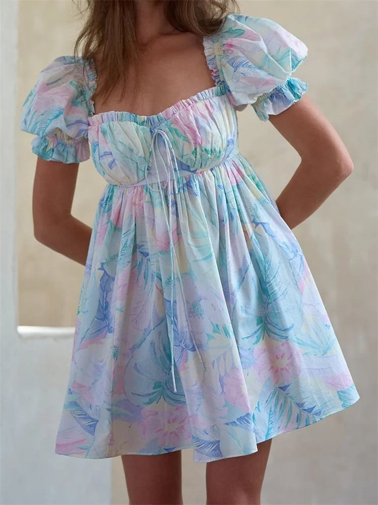 Casual Short Puff Sleeve High Waist Mini Dress