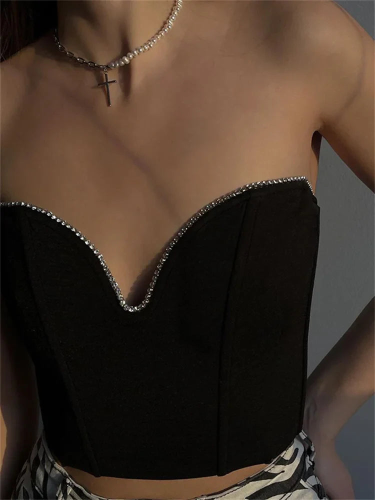 2024 Diamonds Patchwork Tube Top Corsets Tank Sexy Party Strapless Off Shoulder Vest  Summer Y2K Crop Tops