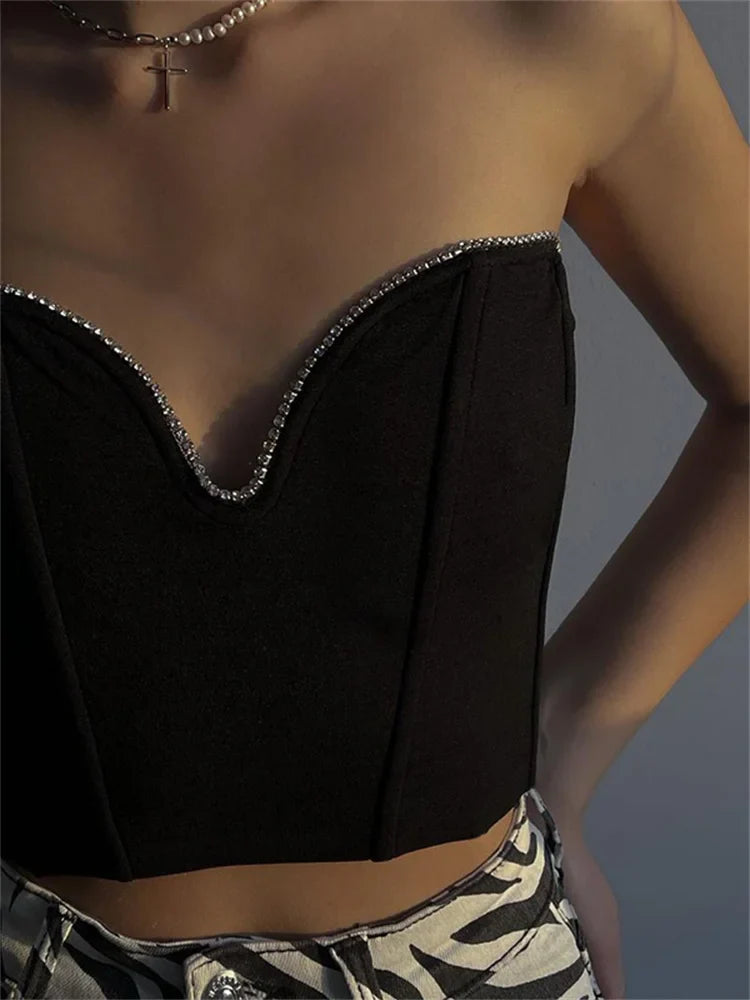 2024 Diamonds Patchwork Tube Top Corsets Tank Sexy Party Strapless Off Shoulder Vest  Summer Y2K Crop Tops