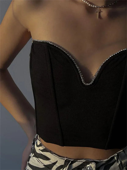 2024 Diamonds Patchwork Tube Top Corsets Tank Sexy Party Strapless Off Shoulder Vest  Summer Y2K Crop Tops