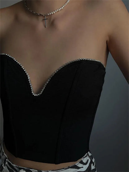 2024 Diamonds Patchwork Tube Top Corsets Tank Sexy Party Strapless Off Shoulder Vest  Summer Y2K Crop Tops