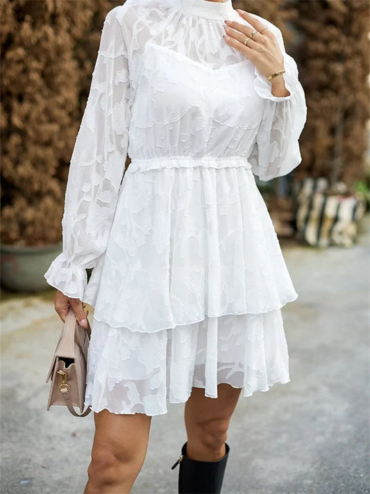 Elegant High Waist Lace Floral Mesh Long Sleeve Mini Dres