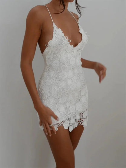 Elegant Lace Floral Summer Party Short Mini Dress