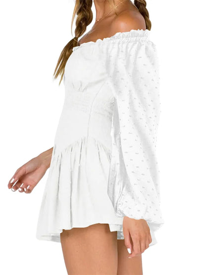 Elegant Lace Off-shoulder Solid High Waist Long Sleeve Mini Dress