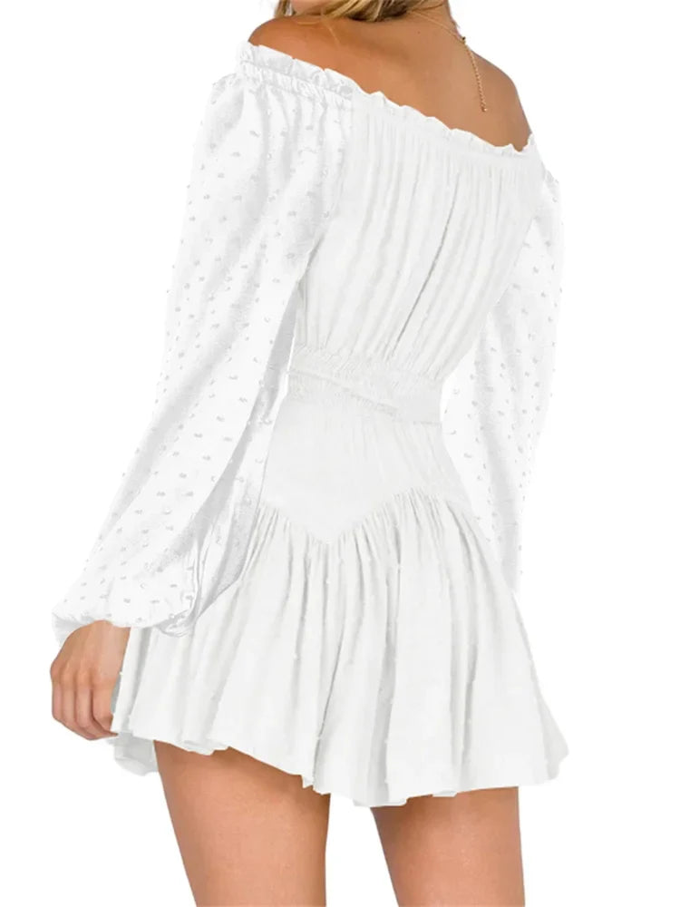 Elegant Lace Off-shoulder Solid High Waist Long Sleeve Mini Dress