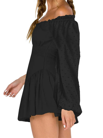 Elegant Lace Off-shoulder Solid High Waist Long Sleeve Mini Dress