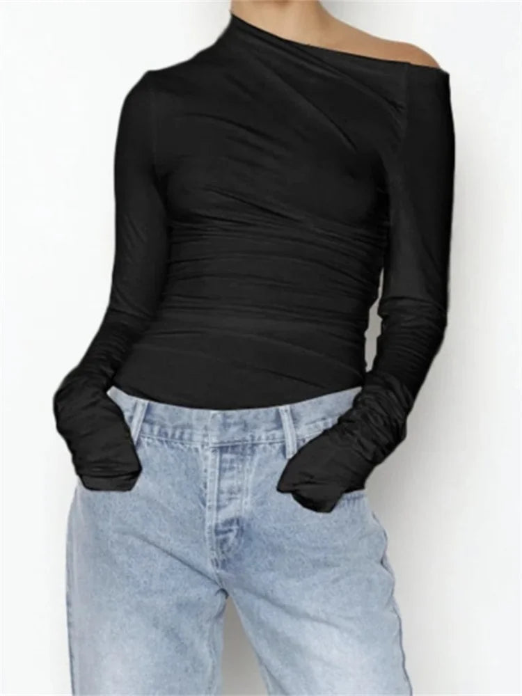 Fashion Casual Ruched Irregular Neck Autumn Off Shoulder Long Sleeve Slim Fit Solid Basic Tee