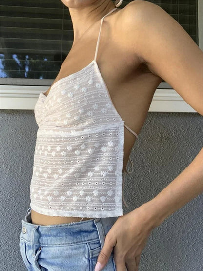 2024 White Fairycore 00s Retro Halter Aesthetics Sexy Backless Boho Beach Crop Tops