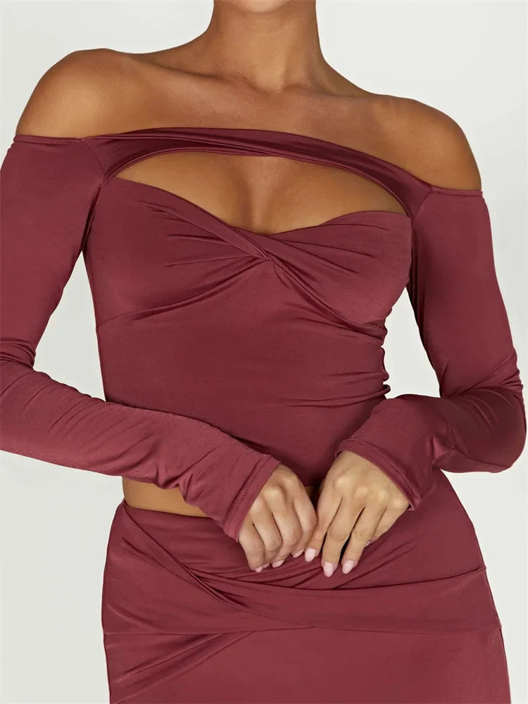 Front Cutout Sexy Long Sleeve Streetwear Slash Neck Off Shoulder Bodycon Solid Tee