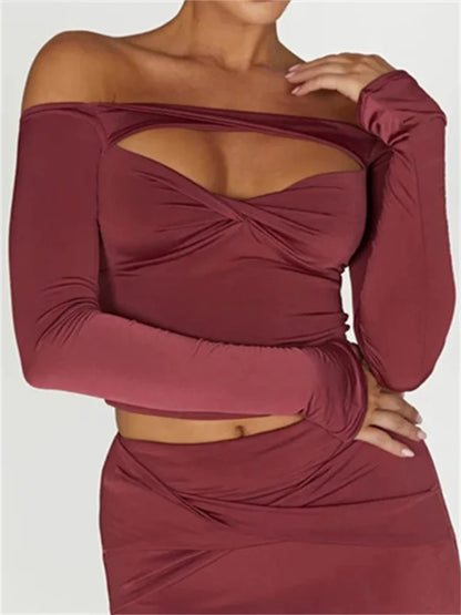 Front Cutout Sexy Long Sleeve Streetwear Slash Neck Off Shoulder Bodycon Solid Tee