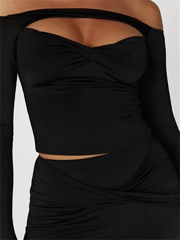 Front Cutout Sexy Long Sleeve Streetwear Slash Neck Off Shoulder Bodycon Solid Tee