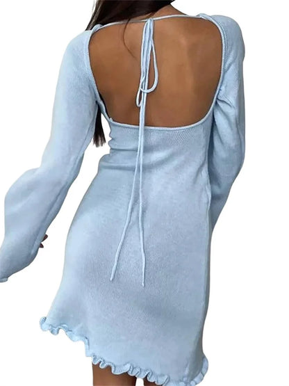 Knitted Long Flare Sleeve Mini Dress