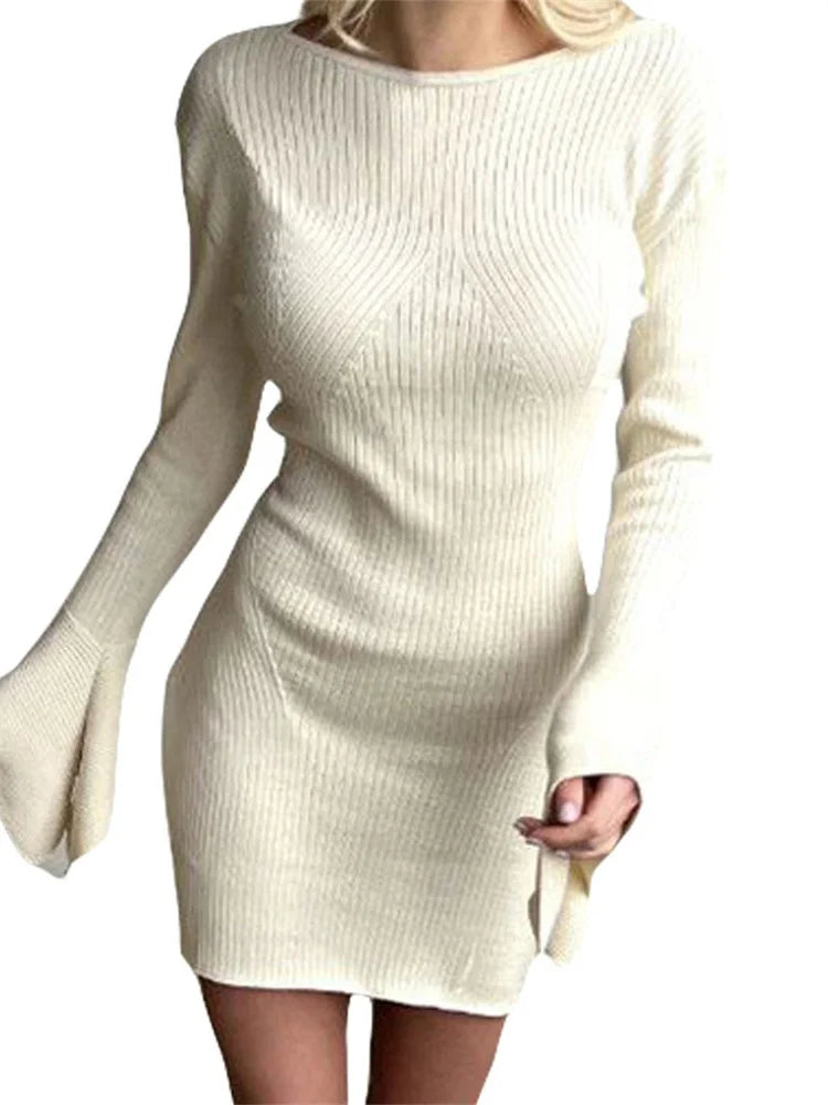 Knitted Ribbed Long Flare Sleeve Round Neck Mini Dress