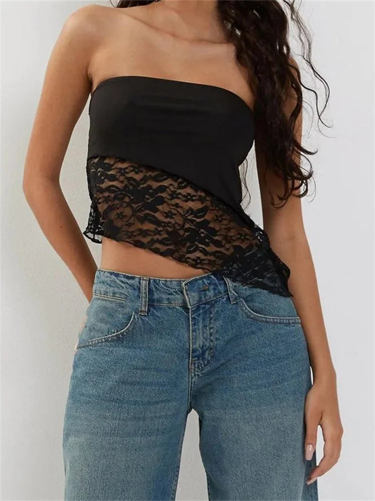 2024 Floral Patchwork Tube Top Party Clubwear Cropped Strapless Off Shoulder Irregular Hem Vest Crop Tops